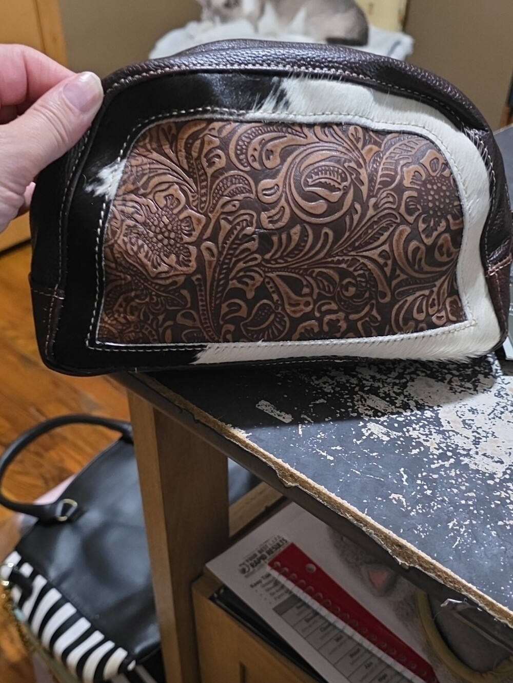 Myra Bag Brown Tooled Leather Travel Dopp with White Hair-On Accents